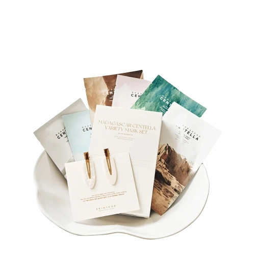 SKIN1004 - Madagascar Centella Variety Mask Set - Zestaw 6 Masek w Płachcie ze Spinkami do Włosów - 23ml + 25ml + 22ml + 23ml + 24ml + 25ml