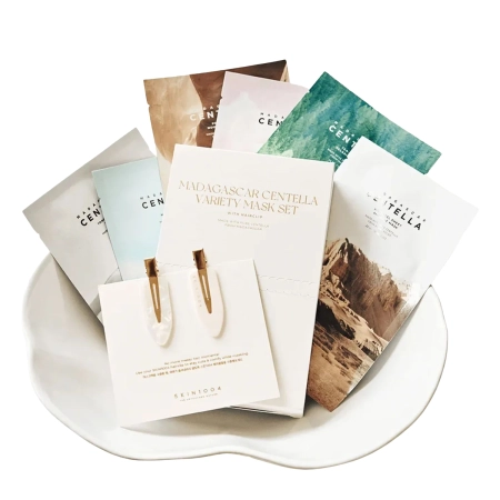 SKIN1004 - Madagascar Centella Variety Mask Set - Zestaw 6 Masek w Płachcie ze Spinkami do Włosów - 23ml + 25ml + 22ml + 23ml + 24ml + 25ml 
