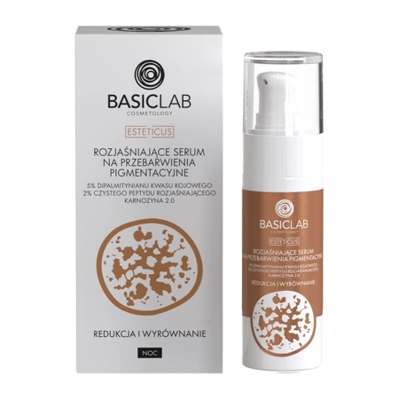 BasicLab - Esteticus - Rozjaśniające Serum na Przebarwienia Pigmentacyjne, 5% Dipalmitynianu Kwasu Kojowego, 2% Czystego Peptydu Rozjaśniającego, Karnozyna 2.0 - 30ml