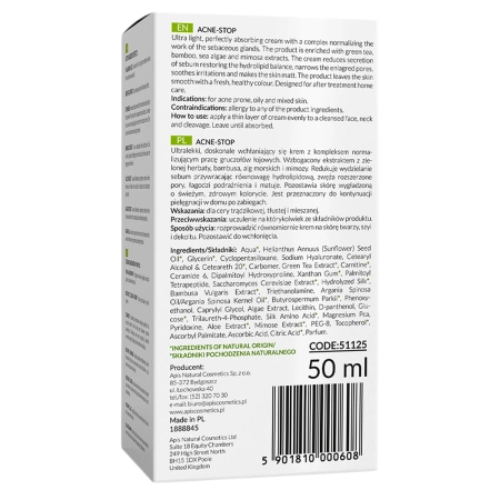 Apis - Home Terapis - Acne-Stop - Light Normalizing and Anti-Acne Cream with Green Tea - Lekki Krem Normalizujący, Antytrądzikowy z Zieloną Herbatą - 50ml