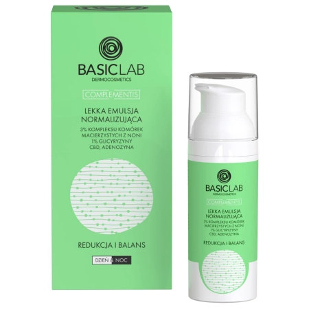 BasicLab - Lekka Emulsja Normalizująca 3% Kompleksu Komórek Macierzystych z Noni, 1% Glicyryzyny, CBD i Adenozyna - 50ml