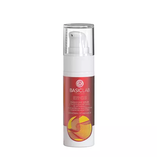 BasicLab - Cosmetology Esteticus - Odnowa i Stymulacja - Emulsyjne Serum z 1% Czystego Retinolu, 5% Witaminą C, Koenzymem Q10 i 2% Komórkami Macierzystymi z Wąkrotki Azjatyckiej - 30ml