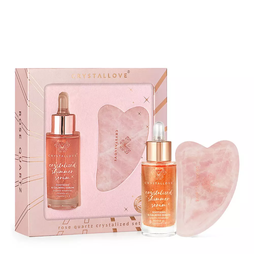 Crystallove - Rose Quartz Crystalized Set - Serum do Twarzy z Kwarcem Różowym i Płytka do Masażu Gua Sha - 30ml